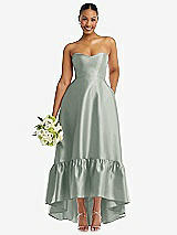 Front View Thumbnail - Willow Green Strapless Deep Ruffle Hem Satin High Low Dress with Pockets
