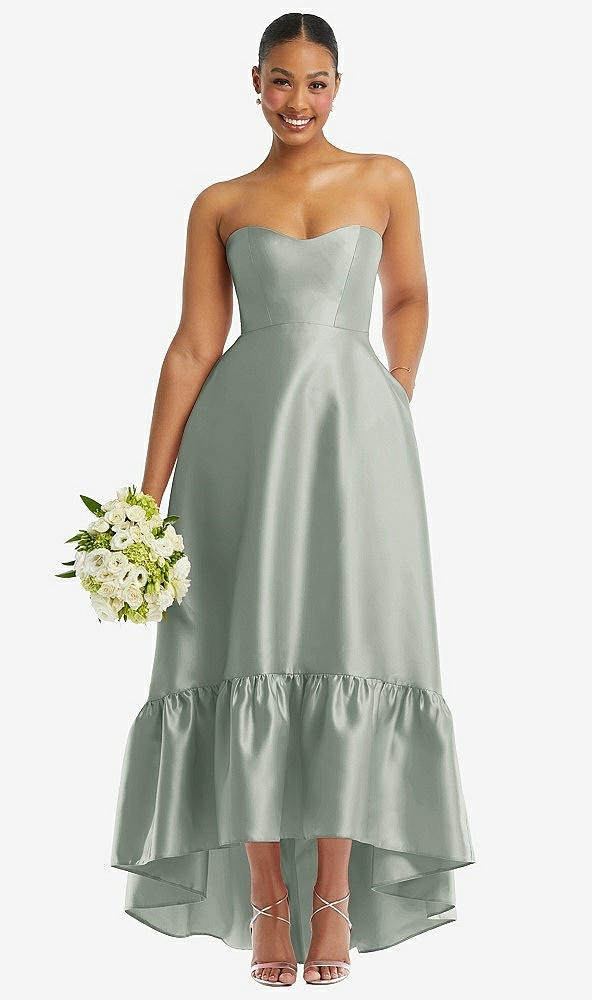 Front View - Willow Green Strapless Deep Ruffle Hem Satin High Low Dress with Pockets