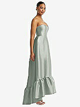 Side View Thumbnail - Willow Green Strapless Deep Ruffle Hem Satin High Low Dress with Pockets