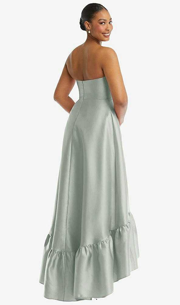 Back View - Willow Green Strapless Deep Ruffle Hem Satin High Low Dress with Pockets