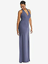 Alt View 1 Thumbnail - French Blue Plunge Neck Halter Backless Trumpet Gown with Front Slit