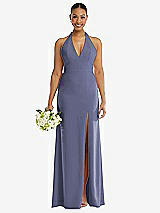 Alt View 2 Thumbnail - French Blue Plunge Neck Halter Backless Trumpet Gown with Front Slit