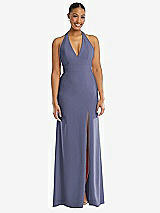 Front View Thumbnail - French Blue Plunge Neck Halter Backless Trumpet Gown with Front Slit