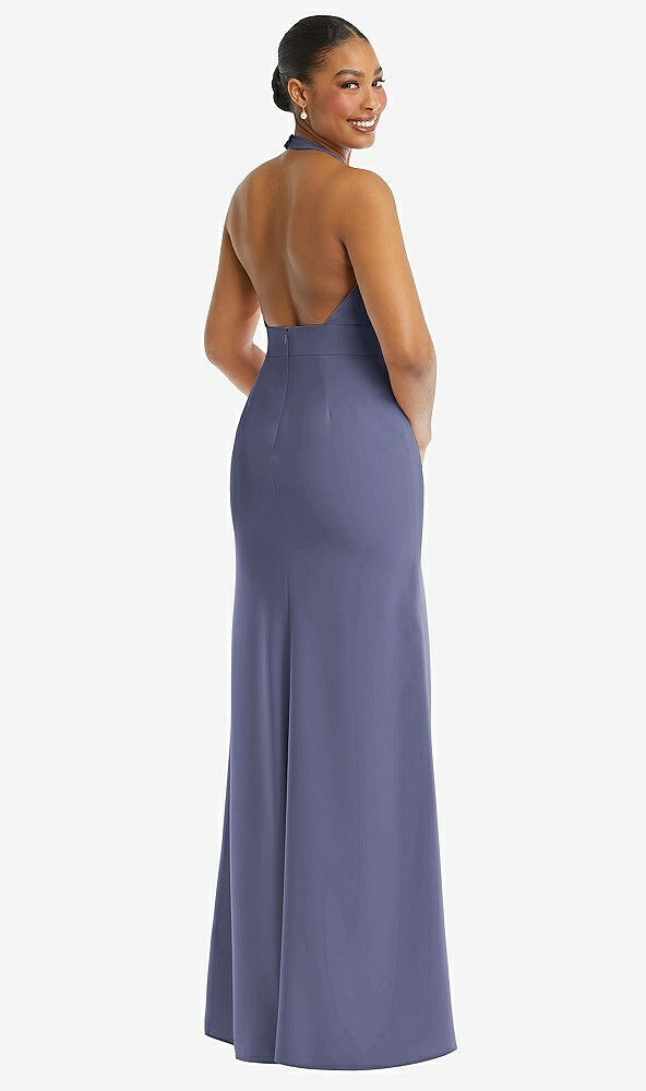 Back View - French Blue Plunge Neck Halter Backless Trumpet Gown with Front Slit