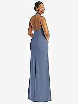 Rear View Thumbnail - Larkspur Blue Plunge Neck Halter Backless Trumpet Gown with Front Slit