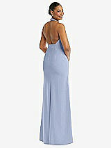 Rear View Thumbnail - Sky Blue Plunge Neck Halter Backless Trumpet Gown with Front Slit