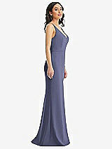 Side View Thumbnail - French Blue Skinny Strap Deep V-Neck Crepe Trumpet Gown with Front Slit