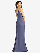 Rear View Thumbnail - French Blue Skinny Strap Deep V-Neck Crepe Trumpet Gown with Front Slit