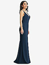 Side View Thumbnail - Sofia Blue Skinny Strap Deep V-Neck Crepe Trumpet Gown with Front Slit