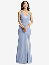 Front View Thumbnail - Sky Blue Skinny Strap Deep V-Neck Crepe Trumpet Gown with Front Slit