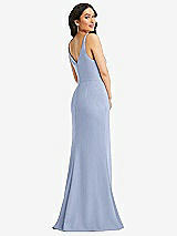Rear View Thumbnail - Sky Blue Skinny Strap Deep V-Neck Crepe Trumpet Gown with Front Slit