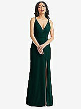 Front View Thumbnail - Evergreen Skinny Strap Deep V-Neck Crepe Trumpet Gown with Front Slit