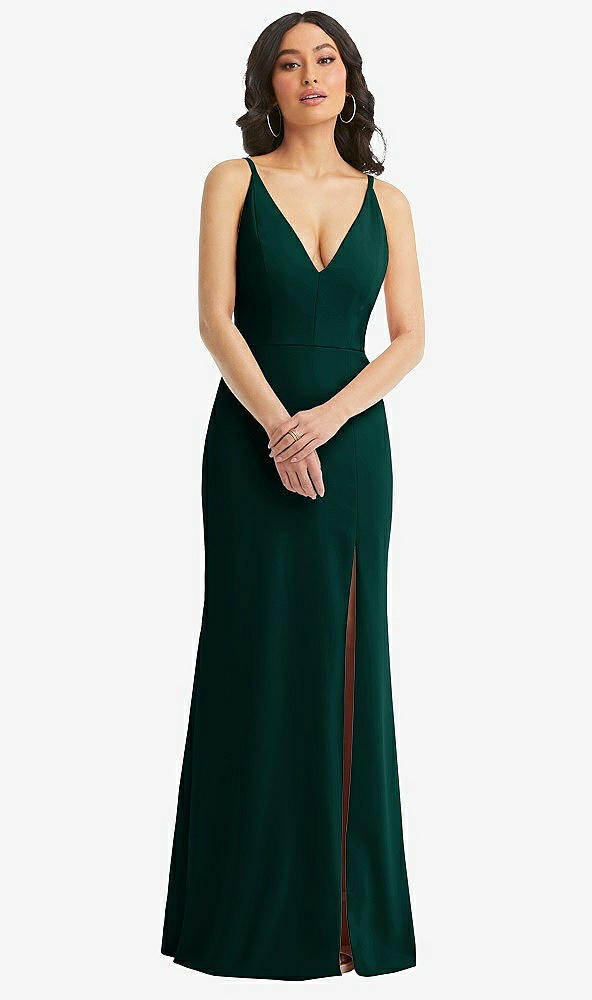 Front View - Evergreen Skinny Strap Deep V-Neck Crepe Trumpet Gown with Front Slit