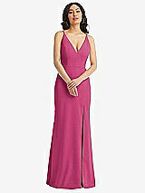 Front View Thumbnail - Tea Rose Skinny Strap Deep V-Neck Crepe Trumpet Gown with Front Slit