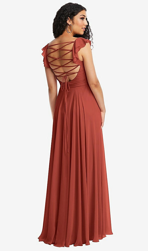 Front View - Amber Sunset Shirred Cross Bodice Lace Up Open-Back Maxi Dress with Flutter Sleeves