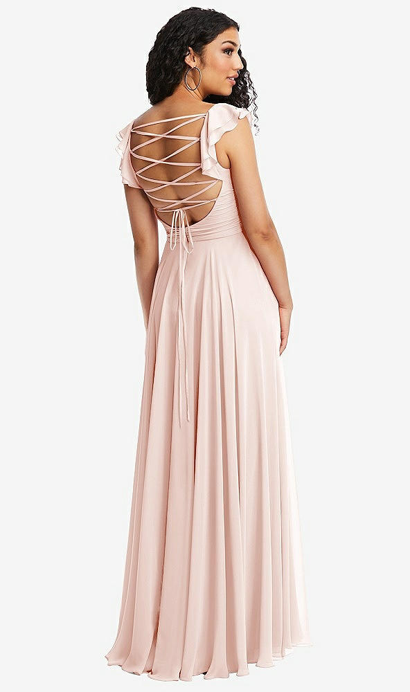 Front View - Blush Shirred Cross Bodice Lace Up Open-Back Maxi Dress with Flutter Sleeves