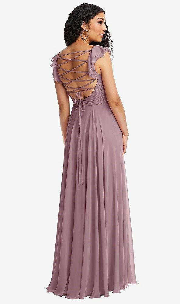 Front View - Dusty Rose Shirred Cross Bodice Lace Up Open-Back Maxi Dress with Flutter Sleeves