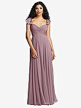 Rear View Thumbnail - Dusty Rose Shirred Cross Bodice Lace Up Open-Back Maxi Dress with Flutter Sleeves