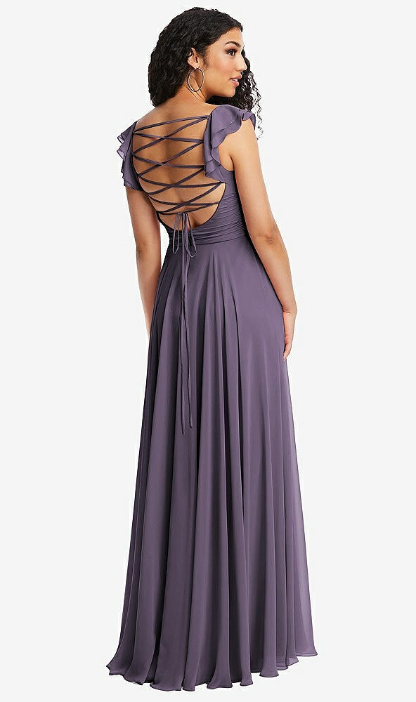 Front View - Lavender Shirred Cross Bodice Lace Up Open-Back Maxi Dress with Flutter Sleeves