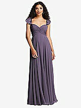 Rear View Thumbnail - Lavender Shirred Cross Bodice Lace Up Open-Back Maxi Dress with Flutter Sleeves