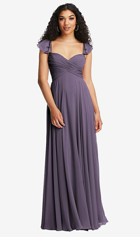 Back View - Lavender Shirred Cross Bodice Lace Up Open-Back Maxi Dress with Flutter Sleeves