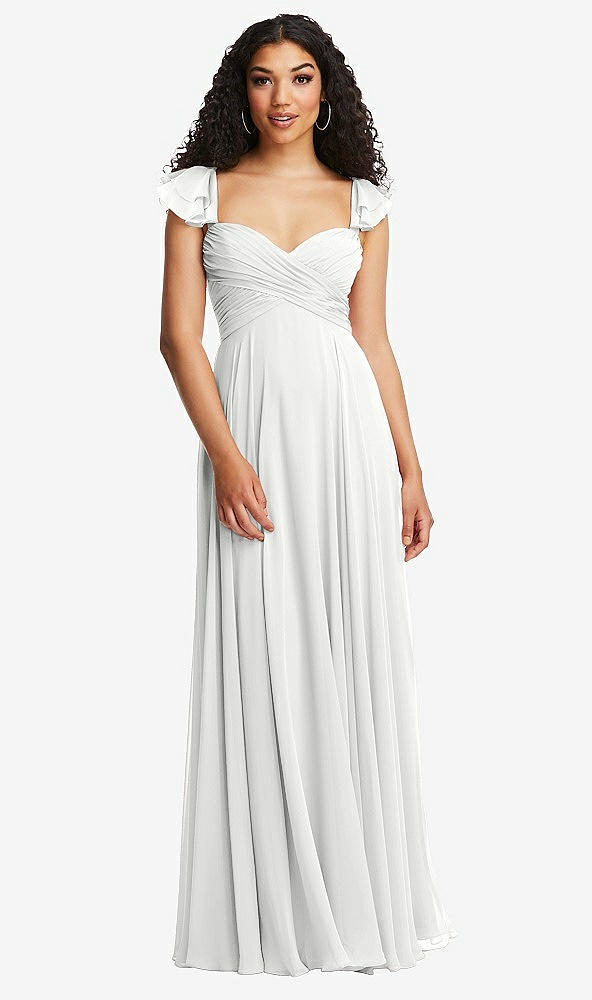 Back View - White Shirred Cross Bodice Lace Up Open-Back Maxi Dress with Flutter Sleeves