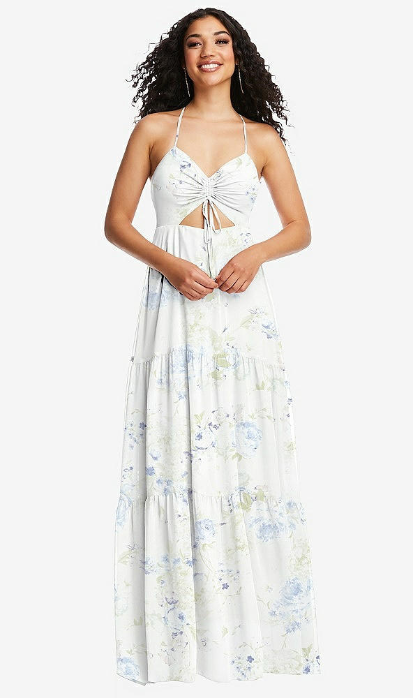 Front View - Bleu Garden Drawstring Bodice Gathered Tie Open-Back Maxi Dress with Tiered Skirt