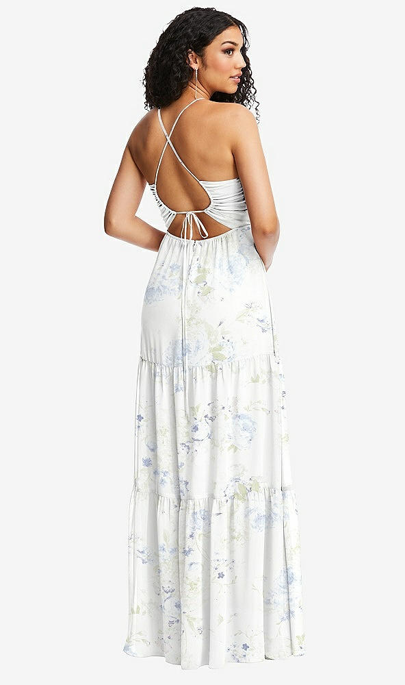 Back View - Bleu Garden Drawstring Bodice Gathered Tie Open-Back Maxi Dress with Tiered Skirt