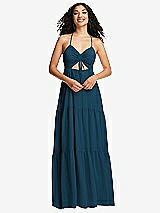 Front View Thumbnail - Atlantic Blue Drawstring Bodice Gathered Tie Open-Back Maxi Dress with Tiered Skirt