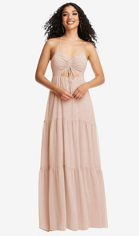 Front View - Cameo Drawstring Bodice Gathered Tie Open-Back Maxi Dress with Tiered Skirt