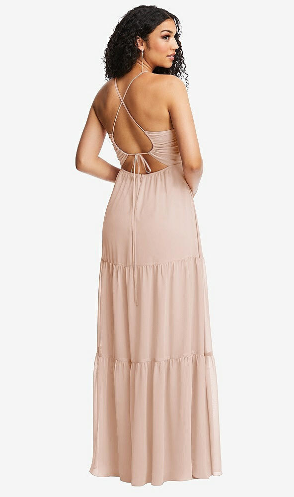 Back View - Cameo Drawstring Bodice Gathered Tie Open-Back Maxi Dress with Tiered Skirt