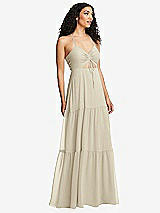 Alt View 1 Thumbnail - Champagne Drawstring Bodice Gathered Tie Open-Back Maxi Dress with Tiered Skirt