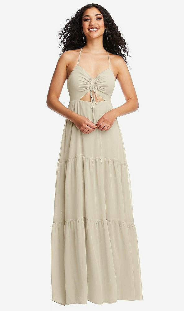 Front View - Champagne Drawstring Bodice Gathered Tie Open-Back Maxi Dress with Tiered Skirt