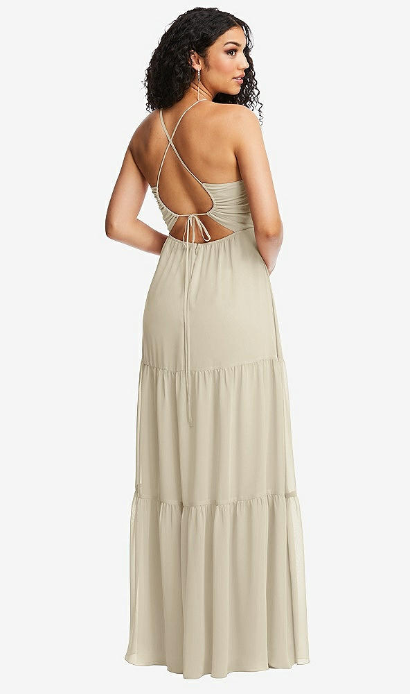Back View - Champagne Drawstring Bodice Gathered Tie Open-Back Maxi Dress with Tiered Skirt