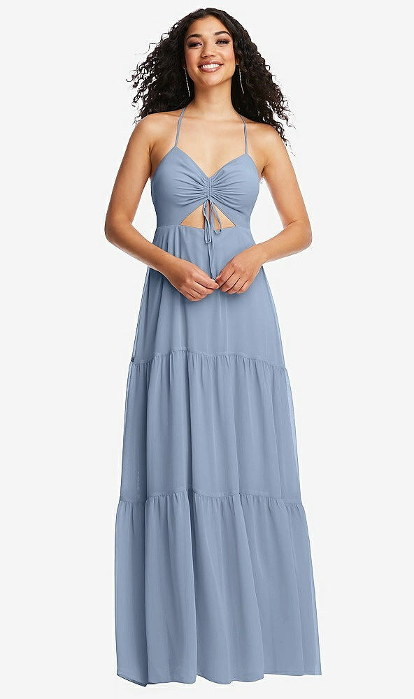Front View - Cloudy Drawstring Bodice Gathered Tie Open-Back Maxi Dress with Tiered Skirt