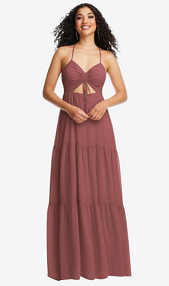 Front View - English Rose Drawstring Bodice Gathered Tie Open-Back Maxi Dress with Tiered Skirt