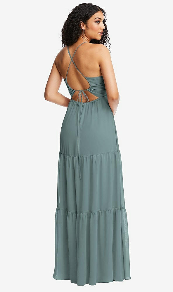 Back View - Icelandic Drawstring Bodice Gathered Tie Open-Back Maxi Dress with Tiered Skirt