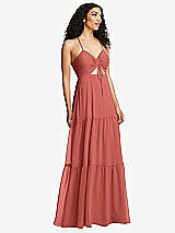 Alt View 1 Thumbnail - Coral Pink Drawstring Bodice Gathered Tie Open-Back Maxi Dress with Tiered Skirt