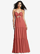 Alt View 2 Thumbnail - Coral Pink Drawstring Bodice Gathered Tie Open-Back Maxi Dress with Tiered Skirt