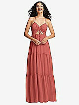 Front View Thumbnail - Coral Pink Drawstring Bodice Gathered Tie Open-Back Maxi Dress with Tiered Skirt