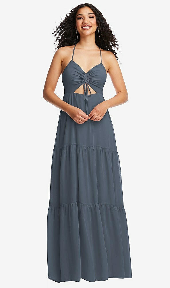 Front View - Silverstone Drawstring Bodice Gathered Tie Open-Back Maxi Dress with Tiered Skirt