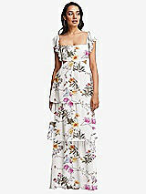 Front View Thumbnail - Butterfly Botanica Ivory Flutter Sleeve Cutout Tie-Back Maxi Dress with Tiered Ruffle Skirt