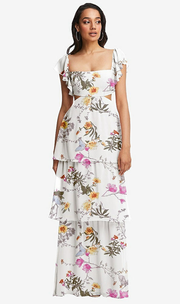 Front View - Butterfly Botanica Ivory Flutter Sleeve Cutout Tie-Back Maxi Dress with Tiered Ruffle Skirt