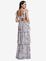 Rear View Thumbnail - Butterfly Botanica Silver Dove Flutter Sleeve Cutout Tie-Back Maxi Dress with Tiered Ruffle Skirt