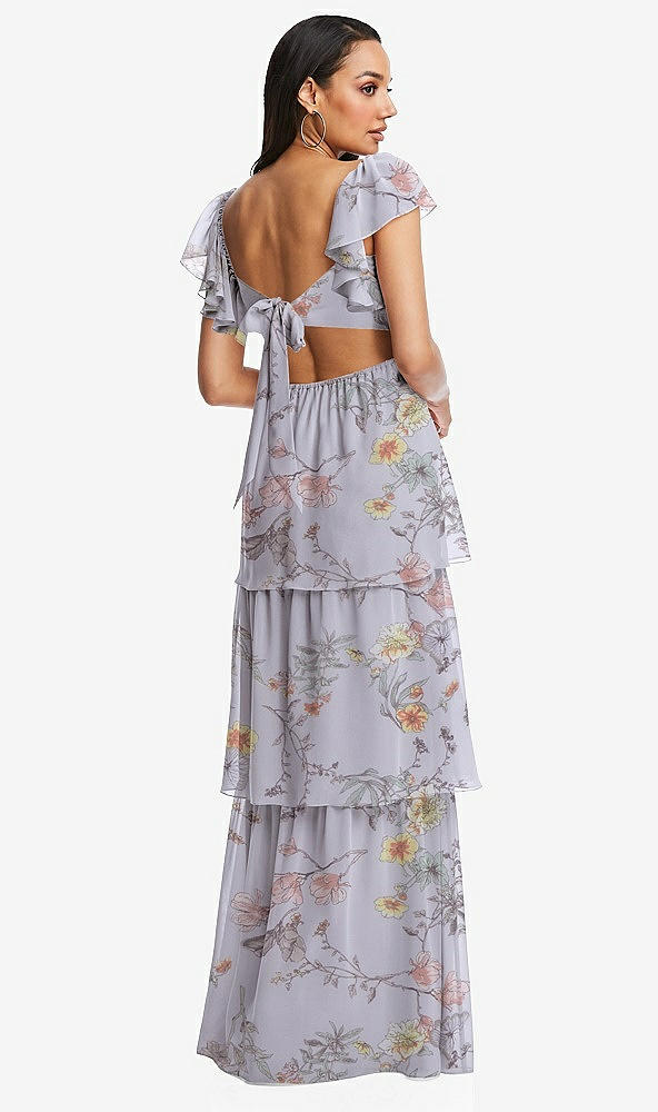 Back View - Butterfly Botanica Silver Dove Flutter Sleeve Cutout Tie-Back Maxi Dress with Tiered Ruffle Skirt