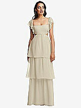 Front View Thumbnail - Champagne Flutter Sleeve Cutout Tie-Back Maxi Dress with Tiered Ruffle Skirt