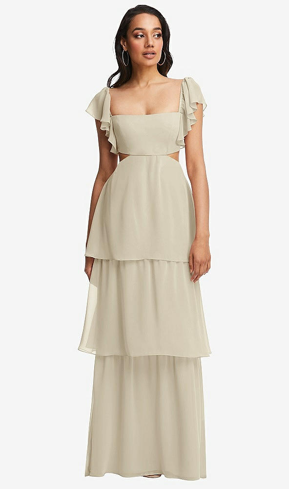 Front View - Champagne Flutter Sleeve Cutout Tie-Back Maxi Dress with Tiered Ruffle Skirt