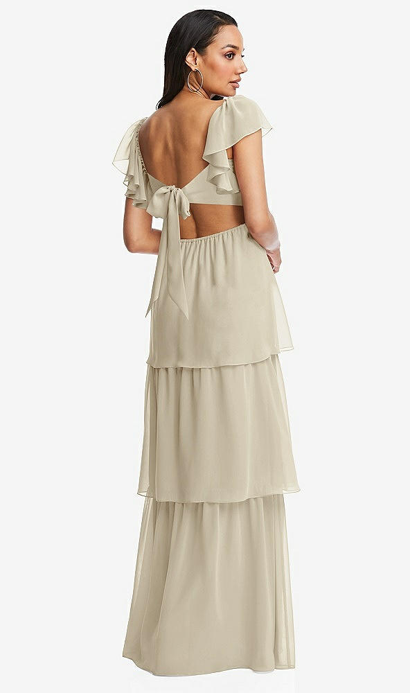 Back View - Champagne Flutter Sleeve Cutout Tie-Back Maxi Dress with Tiered Ruffle Skirt