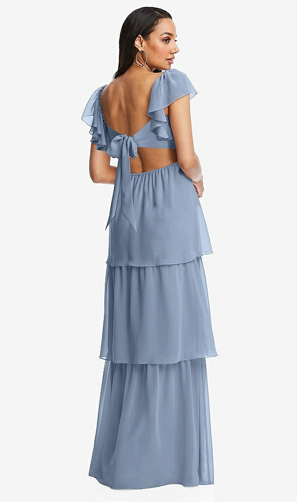 Back View - Cloudy Flutter Sleeve Cutout Tie-Back Maxi Dress with Tiered Ruffle Skirt