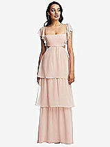 Front View Thumbnail - French Blue Flutter Sleeve Cutout Tie-Back Maxi Dress with Tiered Ruffle Skirt